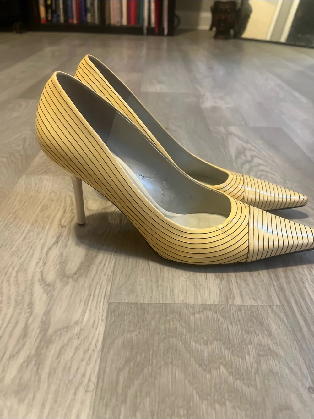 BCBGirls Yellow and Black Striped Pointed Toe Pumps Y2K